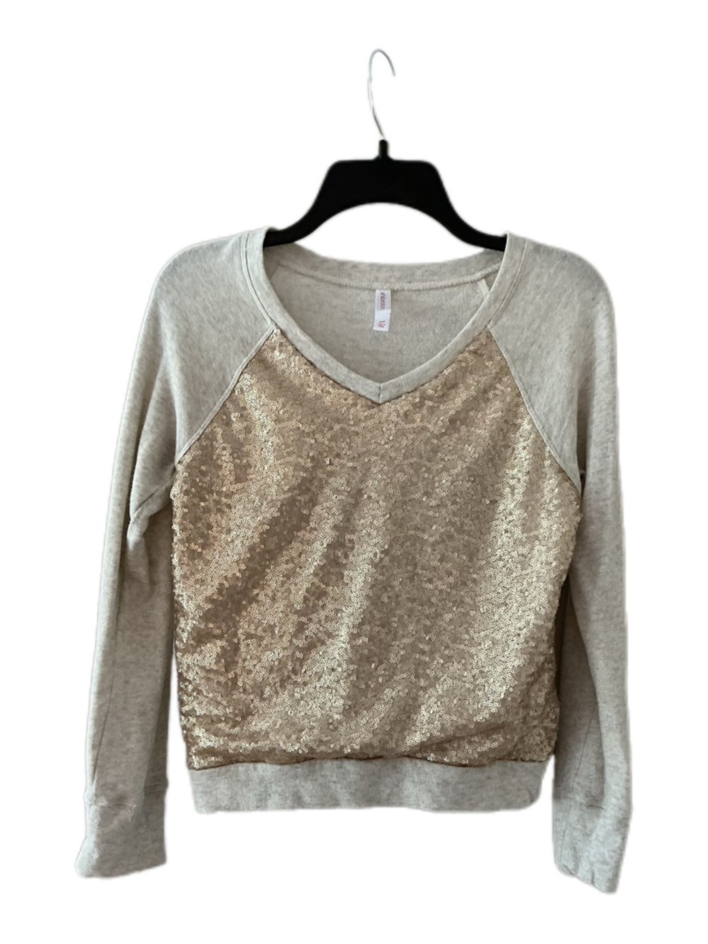 Xhilaration V-Neck Sequin Front Sweatshirt - Light Gray  & Gold